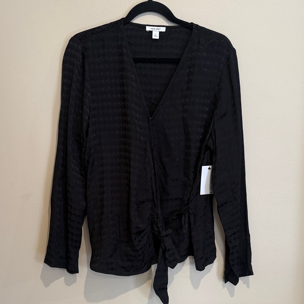 Nine West Black Long Sleeve Patterned Top Elegant Night Out or Office Attire